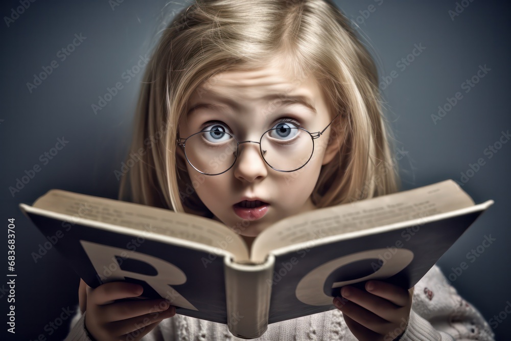 Wall mural Young girl, blond hair, looking up, holding book up.