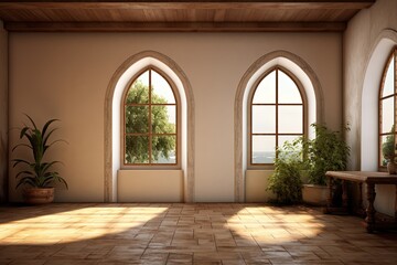 Modern living room with wooden roof and wooden floor and designed windows. Created with Ai