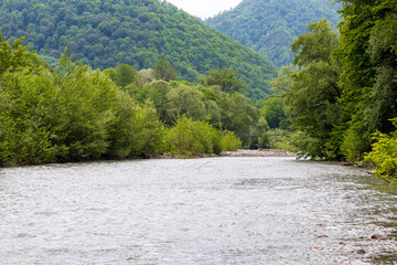 river, mountainous terrain, cloudy day, the beginning of the summer period, walking in the bosom of...
