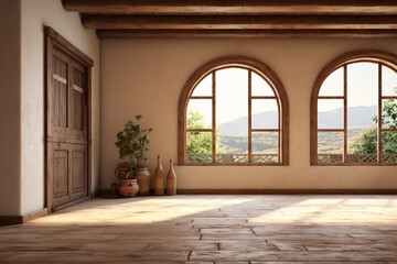 Interior of a living room with empty space, wooden floor, wooden gate and vase. Created with Ai
