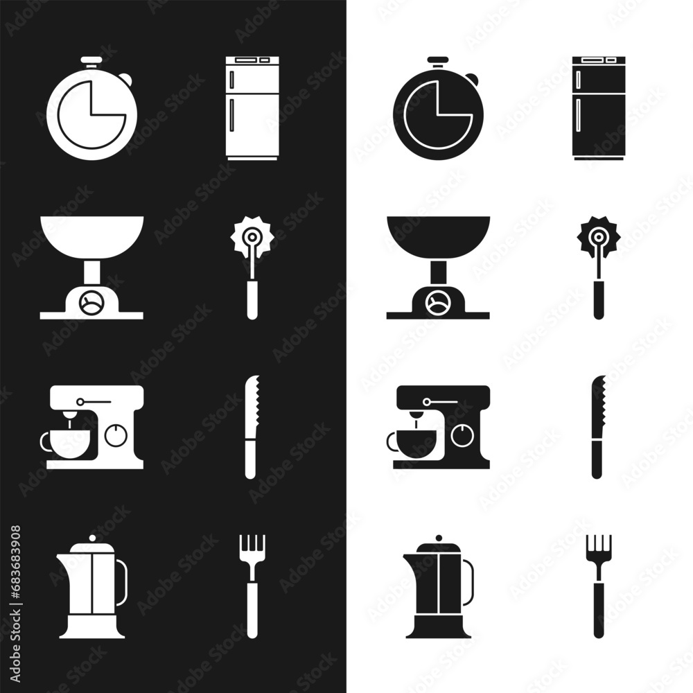 Wall mural Set Pizza knife, Electronic scales, Kitchen timer, Refrigerator, Electric mixer, Bread, Fork and French press icon. Vector