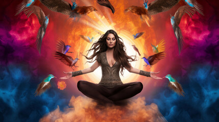 goddess woman meditating in a lotus pose surrounded birds and light, on abstract background