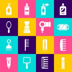 Set Classic Barber shop pole, Hairbrush, Hand mirror, Aftershave bottle with atomizer, Shaving, Cream lotion cosmetic tube and dryer icon. Vector