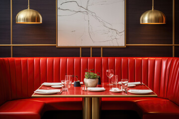 Chic gold-accented eatery with painterly lines, urban minimalism, and playful red leather booths. Subtle details adorn tables in this stylish space.