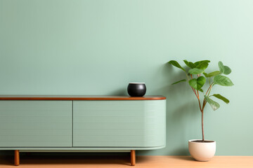 Contemporary console amid lush plants, green walls, and midcentury minimalism. Light teal and aquamarine hues create a serene, modern atmosphere.