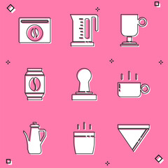 Set Bag of coffee beans, Electric kettle, Irish, Coffee tamper, cup, Teapot and icon. Vector