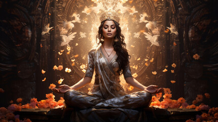 goddess woman meditating in a lotus pose surrounded birds and light, on abstract background