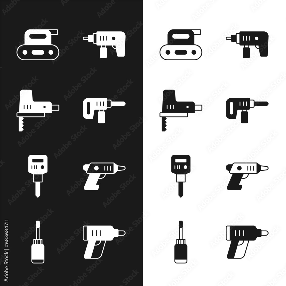 Poster Set Electric drill machine, jigsaw, planer tool, Construction jackhammer, cordless screwdriver, and Screwdriver icon. Vector