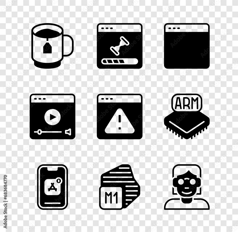 Poster set cup of tea with tea bag, loading data window, browser, mobile apps, processor, hacker coder, onl