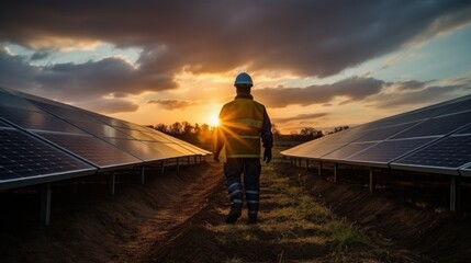 Technician works with solar panels in a field against a sunset background. The concept of environment, renewable sources, power generation, alternative energy and ecology. - obrazy, fototapety, plakaty