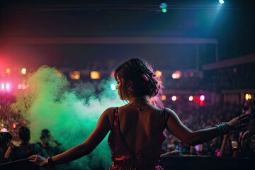 Hyper interactive exclusive singer embracing her audience, crazy lightning, gorgeous model