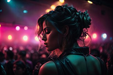 Hyper interactive exclusive singer embracing her audience, crazy lightning, gorgeous model