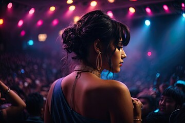 Hyper interactive exclusive singer embracing her audience, crazy lightning, gorgeous model