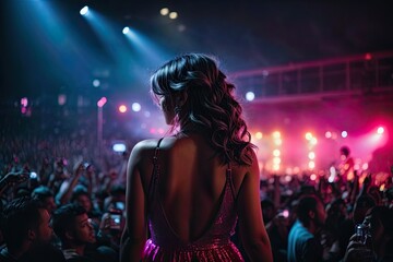 Hyper interactive exclusive singer embracing her audience, crazy lightning, gorgeous model