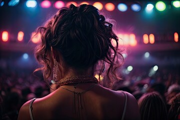 Hyper interactive exclusive singer embracing her audience, crazy lightning, gorgeous model