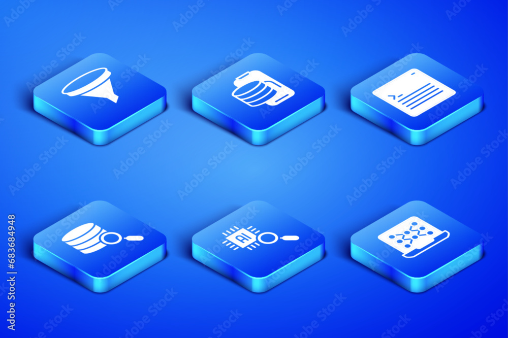Poster Set Neural network, Funnel filter, Processor CPU, Server, Cloud technology data transfer and Web developer programming code icon. Vector