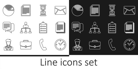 Set line Clock, Document, Old hourglass, Referral marketing, Chat, Pie chart infographic, Clipboard with checklist and icon. Vector
