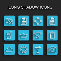 Set line Cloud, Camera shutter, Speaker mute, Martini glass, Photo camera, Crown, Battery and Trophy cup icon. Vector