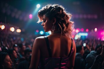 Hyper interactive exclusive singer embracing her audience, crazy lightning, gorgeous model