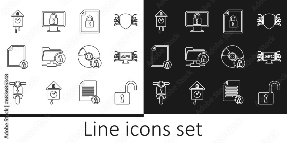 Poster set line open padlock, computer api interface, document and, ftp folder, retro wall watch, cd or dvd