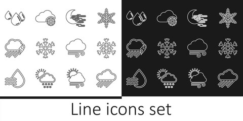 Set line Cloud with rain, Snowflake, Fog and moon, lightning, Water drop, Windy weather and snow icon. Vector