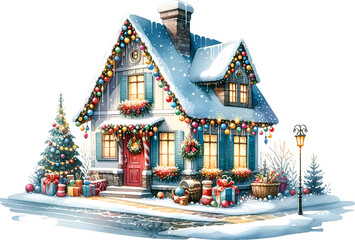 Picturesque watercolor clipart of a snowy house, perfect for Christmas scenes, festive designs, and winter-themed projects. Adds a serene, cozy touch.