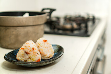 Japanese Rice Balls Onigiri with Salmon Flakes and Mixed Grains