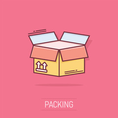 Vector cartoon packaging box icon in comic style. Shipping pack sign illustration pictogram. Box business splash effect concept.