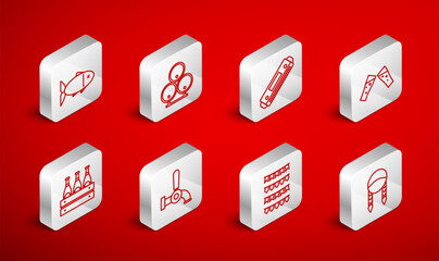 Set line Braid, Wooden barrels, Harmonica, Glass of beer, Carnival garland with flags, Fish, Beer tap and Pack bottles icon. Vector