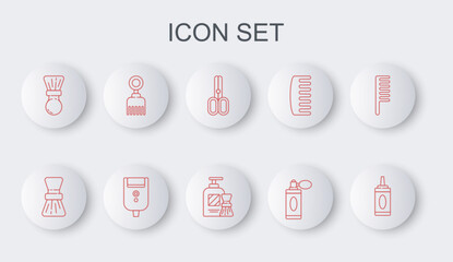 Set line Bottle of shampoo, Shaving brush, Scissors hairdresser, Aftershave bottle with atomizer, Hairbrush, Electric razor blade for men and gel foam and icon. Vector
