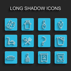 Set line Bread loaf, Garden rake, Potato, Hive for bees, Fertilizer bag, Shovel and, Bucket and Sickle icon. Vector