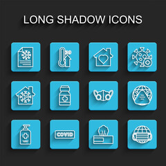 Set line Liquid antibacterial soap, Corona virus covid-19, Clipboard with blood test results, Wet wipe pack, Earth medical mask, Medicine bottle and pills, and Medical protective icon. Vector