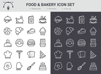 Food and bakery icon set. Editable stroke