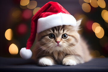 Picture of a kitten with a tiny Santa hat on his head.
A cute cat wearing a red Santa jacket
Cute kitten in a red Santa hat against a background of Christmas golden bokeh and Christmas decorations. Ha