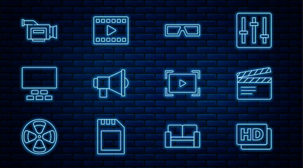 Set line Hd movie, tape, frame, Movie clapper, 3D cinema glasses, Megaphone, Cinema auditorium with seats, camera, Online play video and Play Video icon. Vector