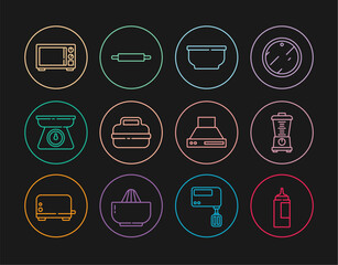 Set line Sauce bottle, Blender, Bowl, Cooking pot, Scales, Microwave oven, Kitchen extractor fan and Rolling pin icon. Vector
