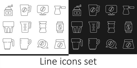 Set line Bag of coffee beans, Location with, Jug glass water, Glass, Manual grinder, Pour over maker and Coffee cup icon. Vector