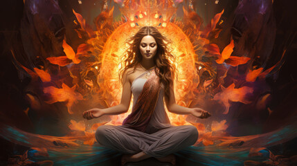 goddess woman meditating in a lotus pose surrounded light, on abstract background