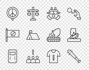 Set line Police assault shield, Baseball bat with nails, Gas mask, Crowd protest, Peace, Protest camp, T-shirt and Burning car icon. Vector