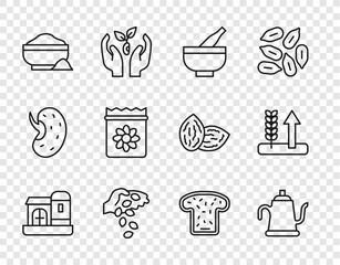 Set line Farm house, Watering can, Mortar and pestle, Seed, Flour bowl, Pack full of seeds of plant, Bread toast and Wheat icon. Vector