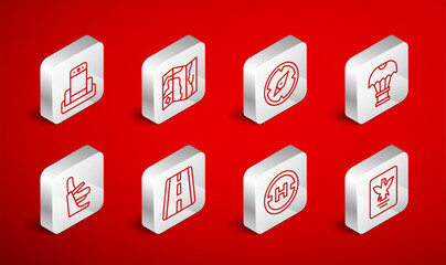 Set line Passport, World travel map, Compass, Box flying on parachute, Helicopter landing pad, Metal detector airport, Airport runway and Airplane seat icon. Vector