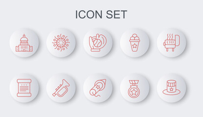 Set line Patriotic American top hat, Declaration of independence, Baseball glove with ball, Medal star, White House, Firework, Trumpet and icon. Vector