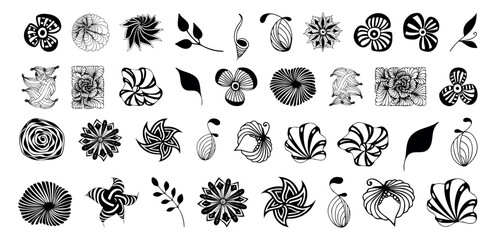 Styling simple daisy floral and flower silhouettes of vector icon set collection