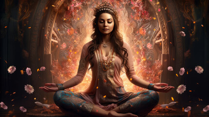 goddess woman meditating in a lotus pose surrounded light, on abstract background
