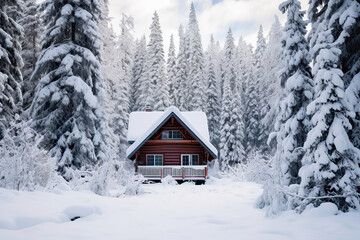 Cabin in the Woods Covered in Snow. Generative Ai