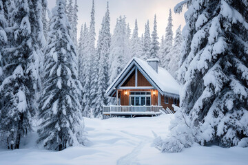 Naklejka premium Cabin in the Woods Covered in Snow. Generative Ai