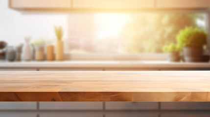 Fototapeta na wymiar Wooden table on blurred kitchen