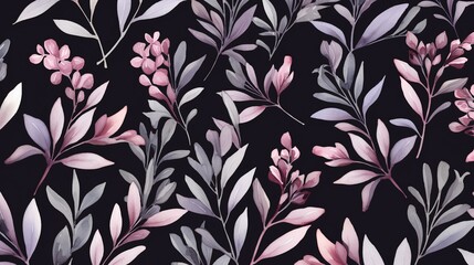 Watercolor floral seamless pattern. Hand drawn flowers and leaves on dark background.
