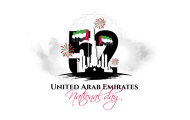 52 National Day of United Arab Emirates, silhouette of the city of Dubai with the UAE flag on the background of numbers 52. vector illustration of happy national day UAE 2023 , December 2, 1971