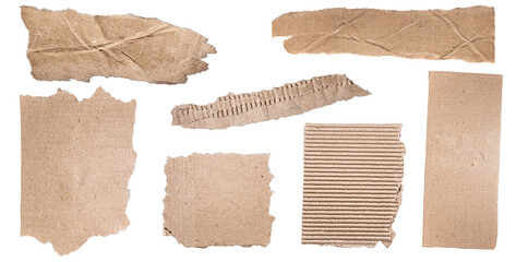 Set of torn brown cardboard pieces isolated on transparent background